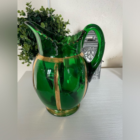 EAPG Riverside Glass Works No. 462 Emerald Green And Gold X-Ray Pattern Pitcher - Picture 2 of 8